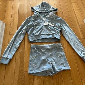 NWT Voight By Valentina Made In Heaven Blue Cropped Halo Hoodie And Short Set